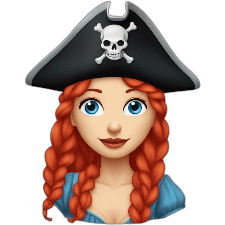 Woman long red platted hair hanging down to left, pirate hat. One side of head has no hair. Blue eyes. skull and crossbones t shirt emoji