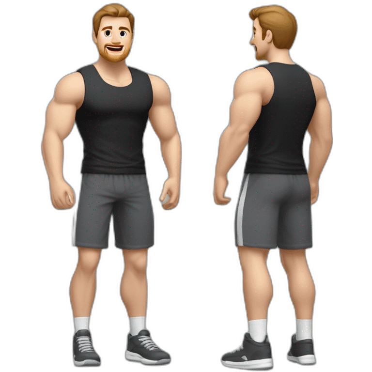 Full height Actively gesturing with hands Pale skinned fit man With the biceps and brown hair In dark gray sleeveless mike, black oversize sports shorts, watch and white sneakers emoji