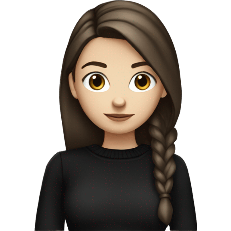 caucasian white IT girl student, holding laptop, blue eyes, dark brown hair ponytail wearing a thick black sweater emoji