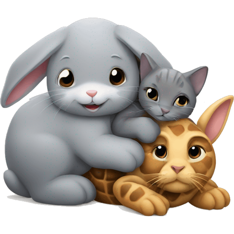 a grey bunny cuddling with two tortoise cats  emoji