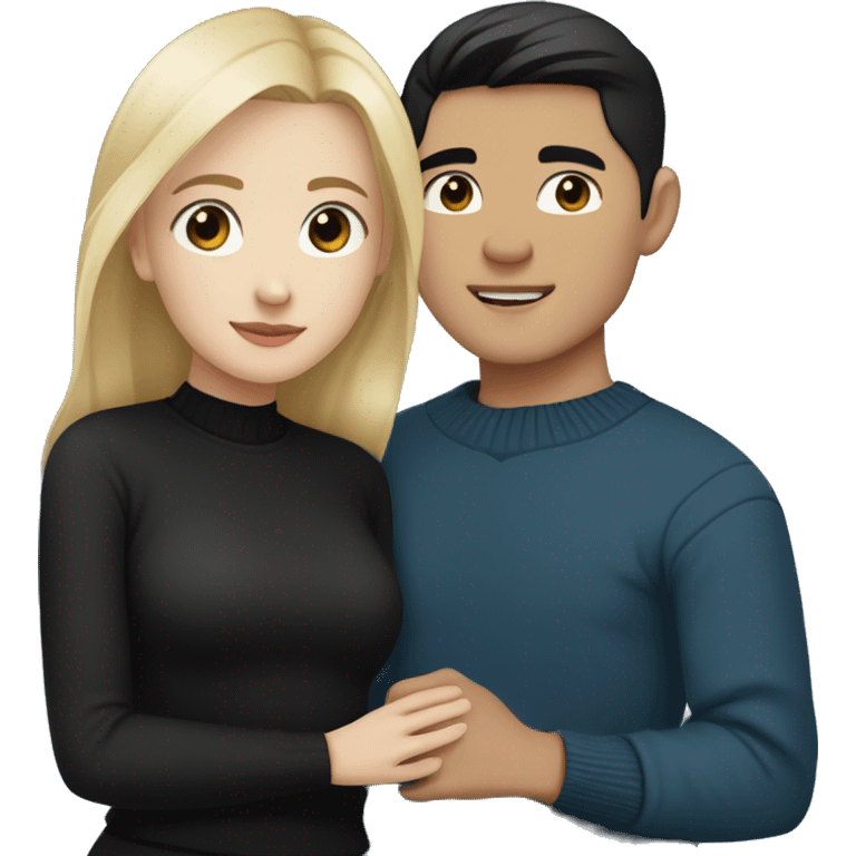 Blonde girl with blue eyes in black sweater and an east asian with light skin man with black hair and black eyes hugging emoji