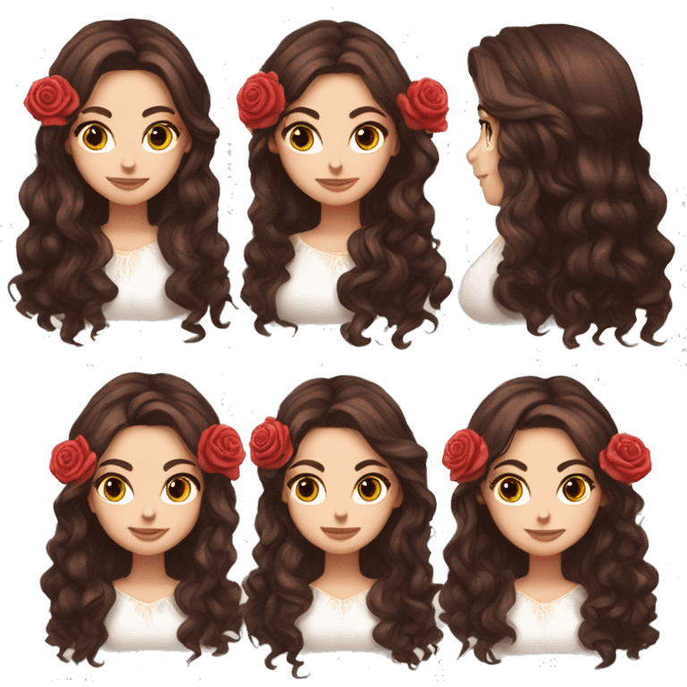 Beautiful, rose, red, flowers in hair, long dark brown hair, white fair skin emoji