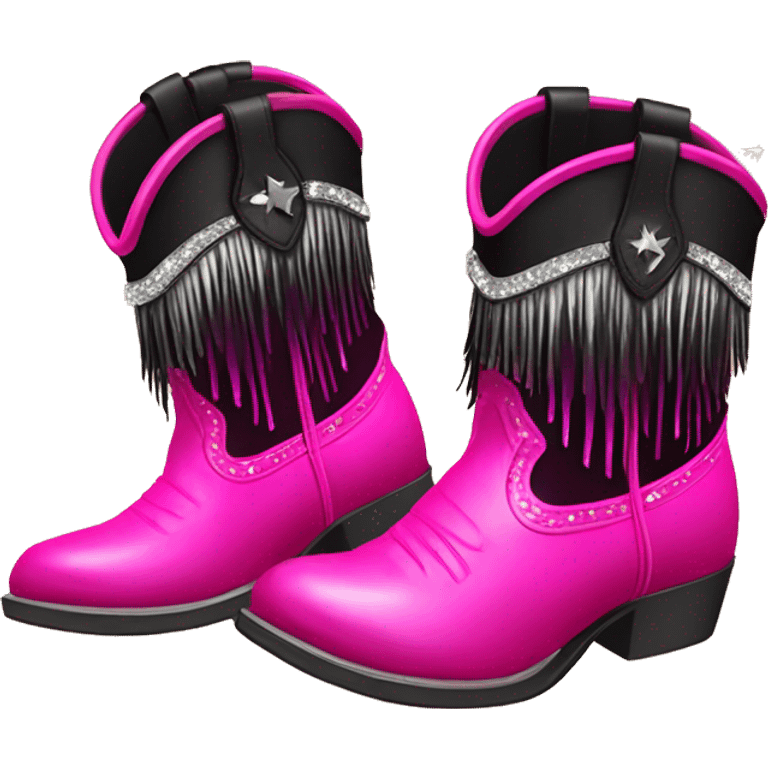 Realistic hot pink to black ombre pair of fashion cowgirl boots with sparkly shiny glitter fringe on them. emoji