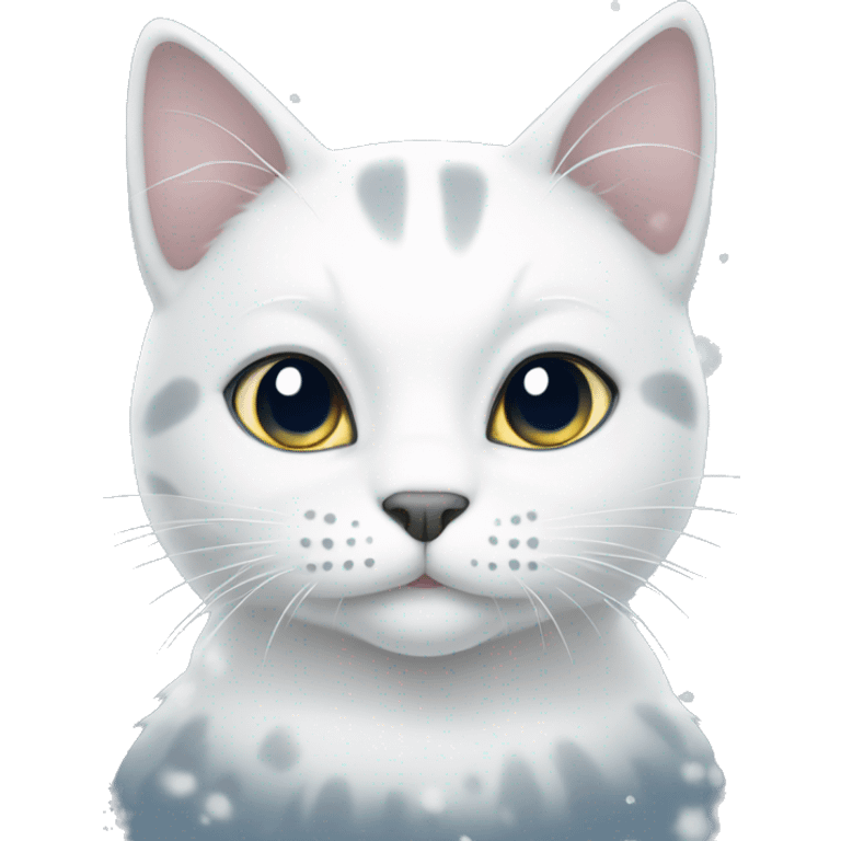 white cat with grey spots with snow at background  emoji