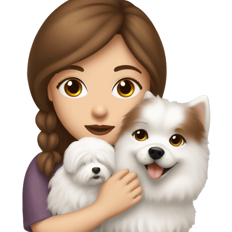 beautiful girl with brown hair kissing her cream white spitz dog emoji