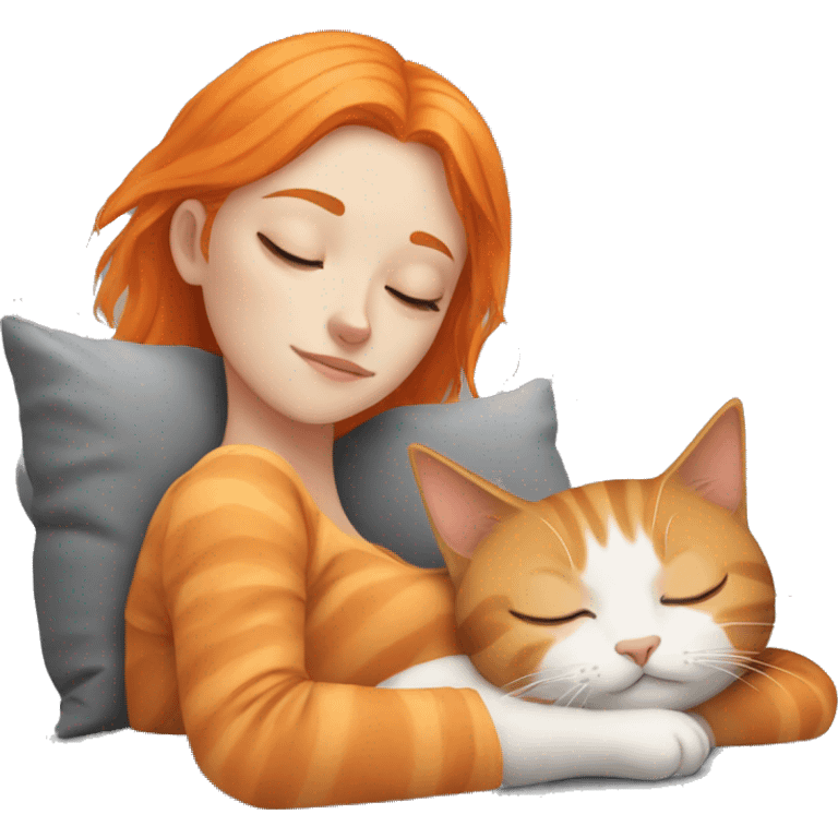 sleeping girl orange hair laying next to grey cat emoji