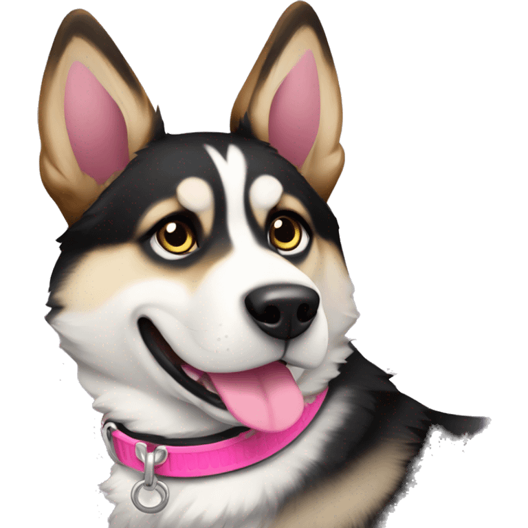 Husky mixed with german shepherd female dog black white and brown wearing a pink collar  emoji