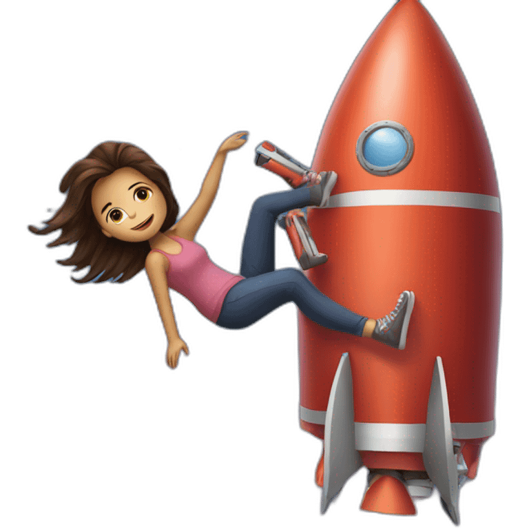 Girl hanging on to big rocket emoji