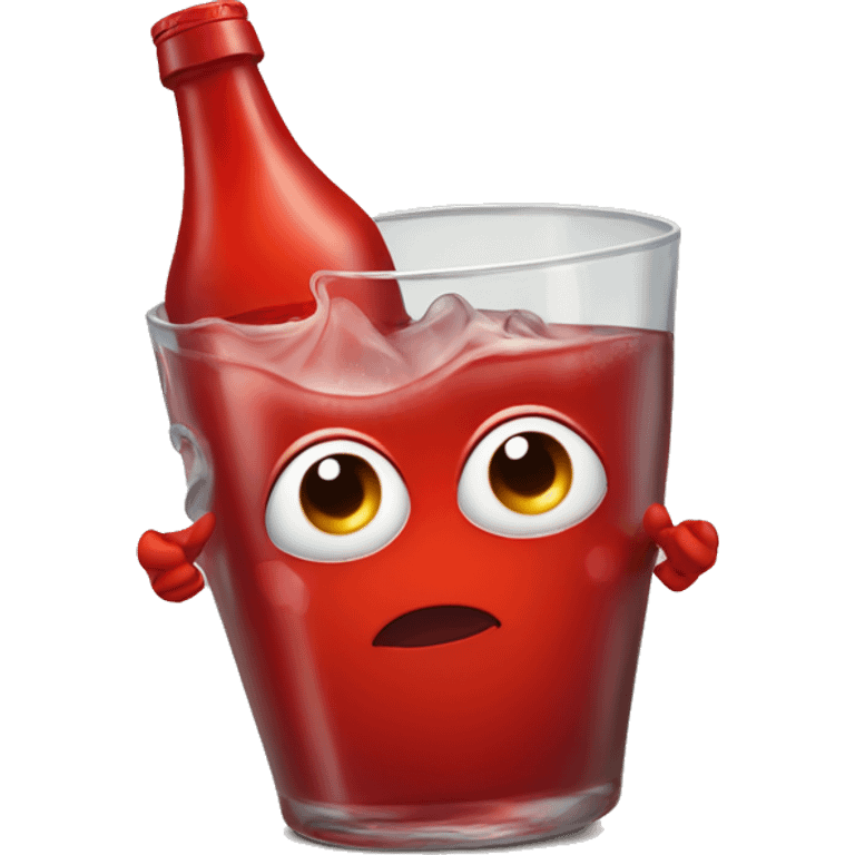 A red heart ❤️ with eyes, a mouth, and hands, looking tipsy and drunk, holding a bottle of drink in one hand, with a playful, wobbly expression emoji