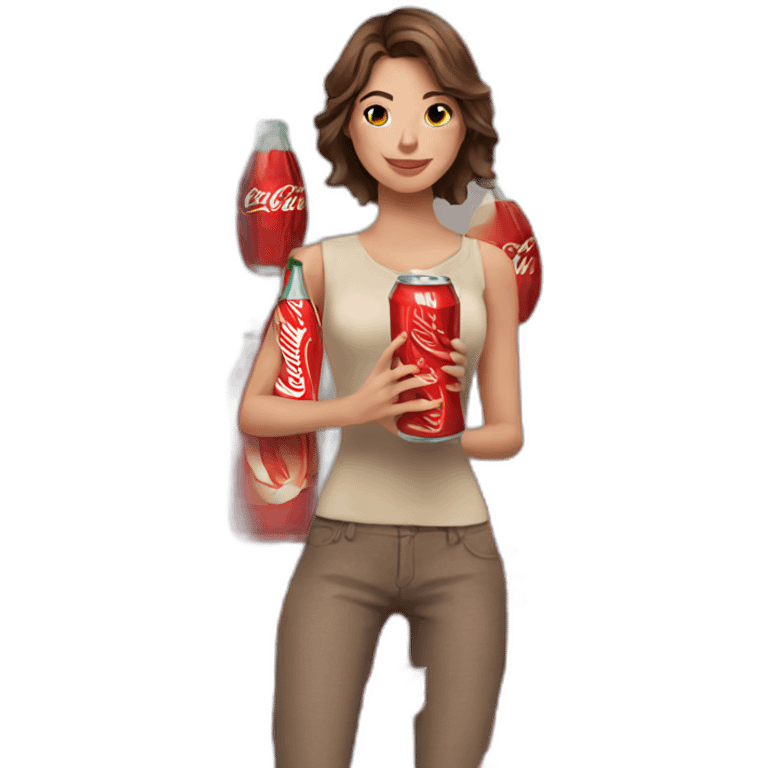 A woman with brown hair is holding a Coca-Cola emoji