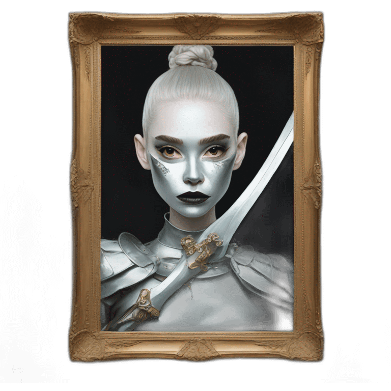 portrait of Grimes in a silver mask woth a sword from at Met gala 2021 emoji