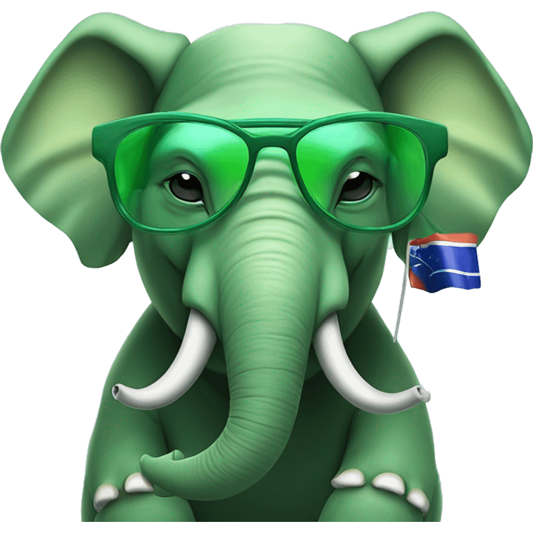 A green elephant with cientist blue glasses and alien antenas wearing an pandora colored by brazil flag colors emoji