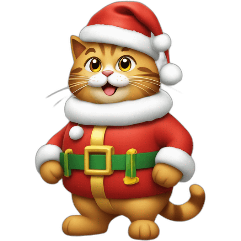 Gato disfrasado de santa claus, gordo y feliz, cargando gasolina emoji