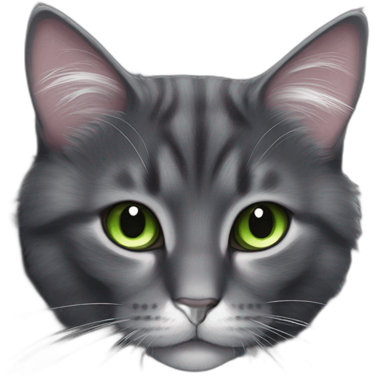 fluffy dark grey cat with pinknose, green eyes and white long whiskers, near the nose there are white spots emoji