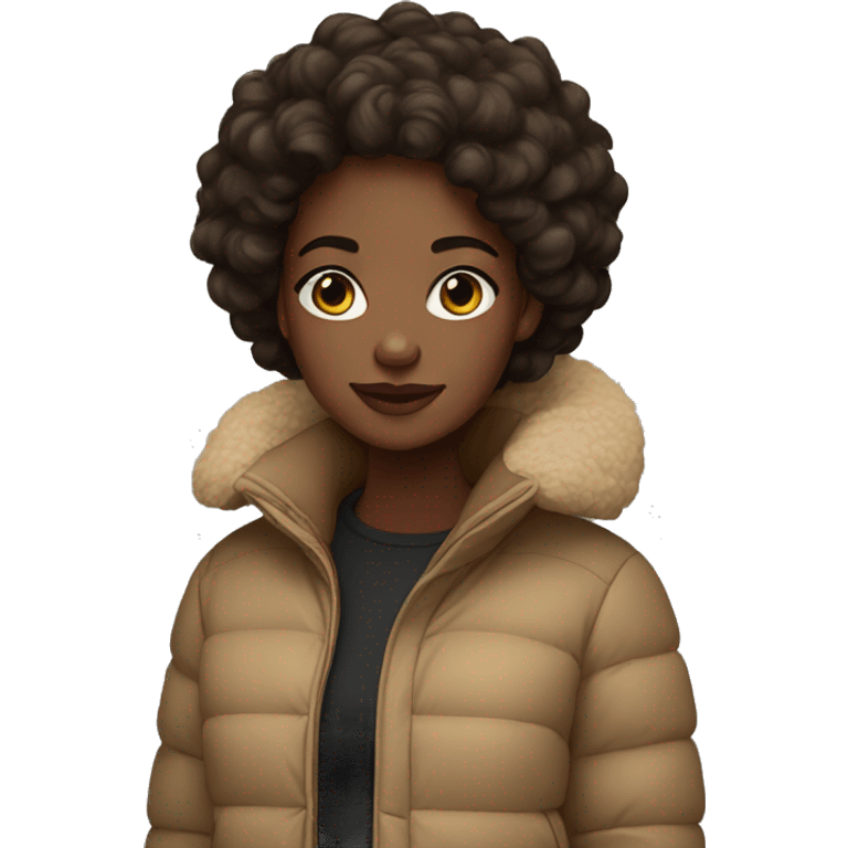 black girl in tan puffer coat with dark brown curly hair emoji