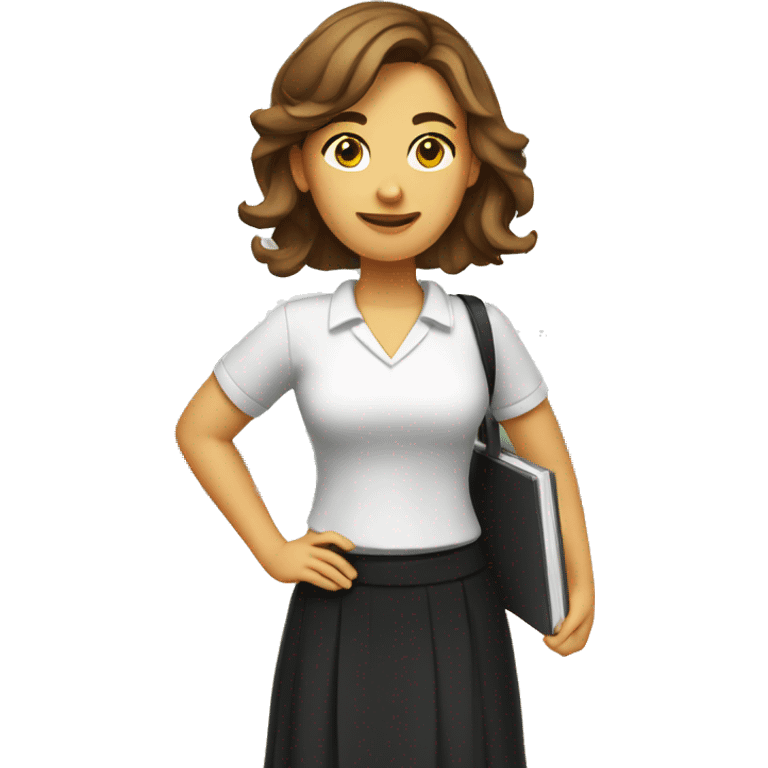 A female teacher with brown hair, standing and wearing black skirt and white cool tshirt emoji