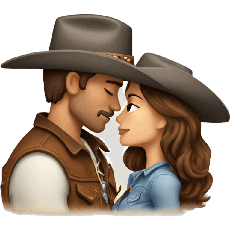 Cowboy with brown hair kissing cowgirl with brown hair emoji