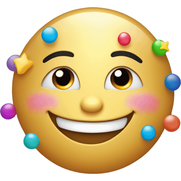 
Joyful emoji: Round face, big smile, sparkling crescent eyes, arched eyebrows. Golden stars near the eyes, colorful party hat tilted, rosy cheeks. emoji