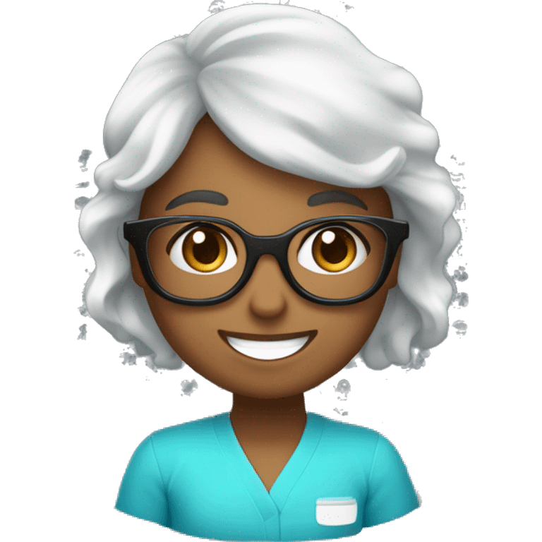 científica, morena de cabello negro ondulado recogido con una cola, con lentes, sonriente, con bata de laboratorio blanca, y su scrups sea de color celeste emoji