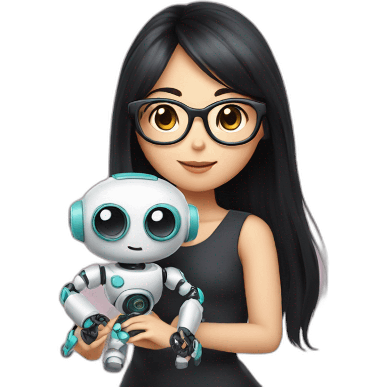 woman peach skin long black hair square glasses playing with cute robot companion emoji