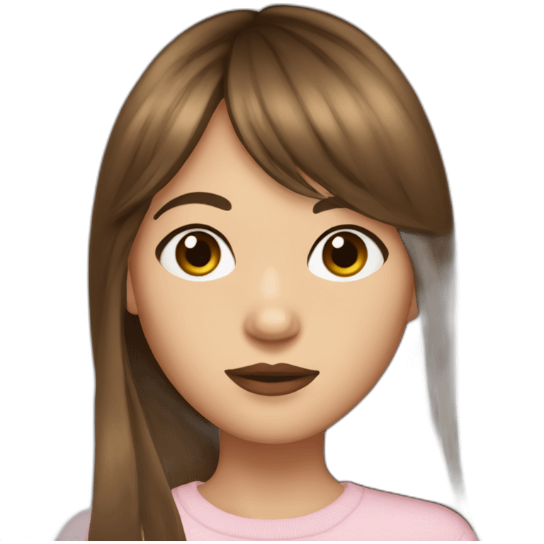 long brown hair skinny girl with curtain bangs, thin face and makeup from head to chest emoji