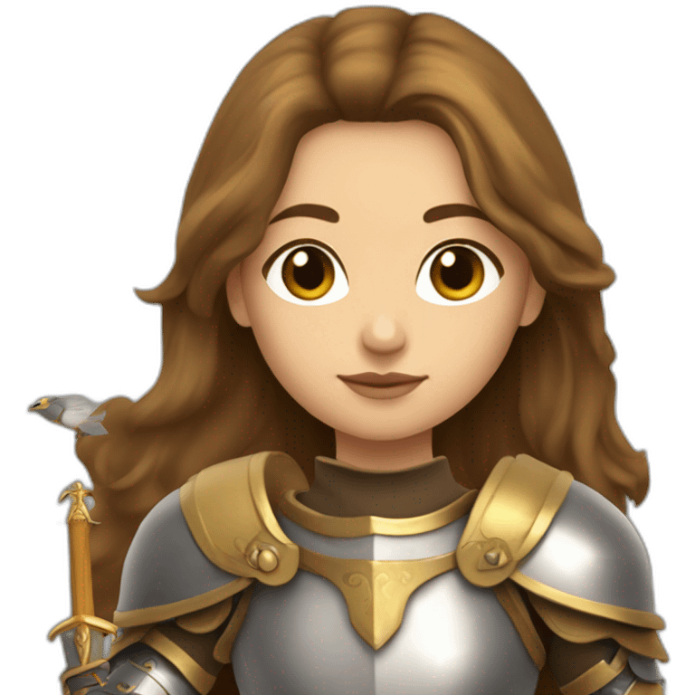 lady knight with bird chest plate and long brown hair golden eyes tan skin holding a sword emoji