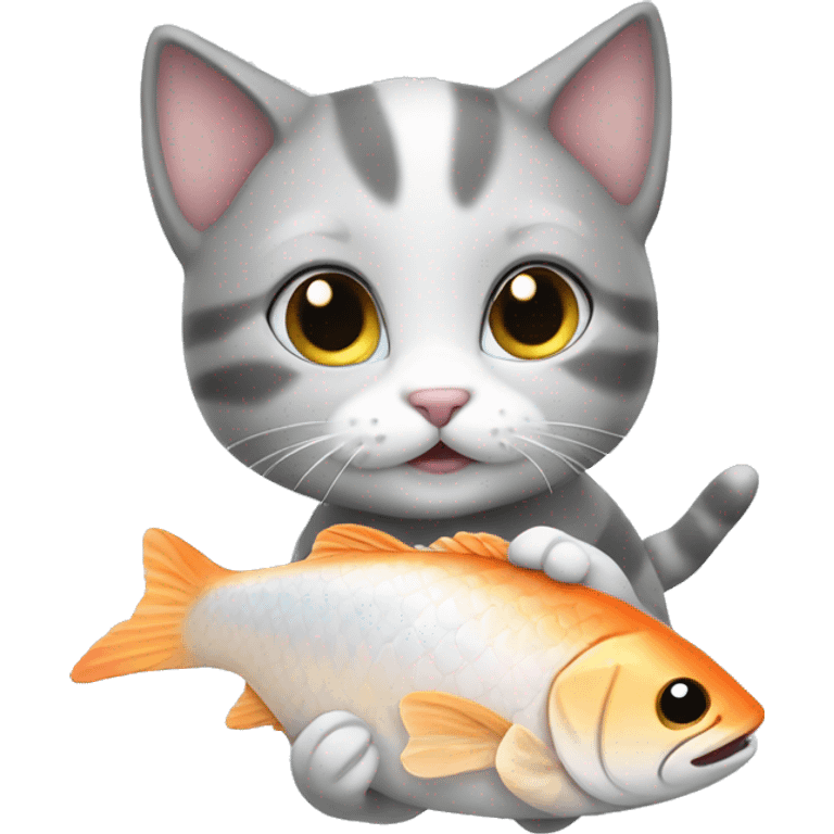 Cute kitten white and grey eat fish emoji