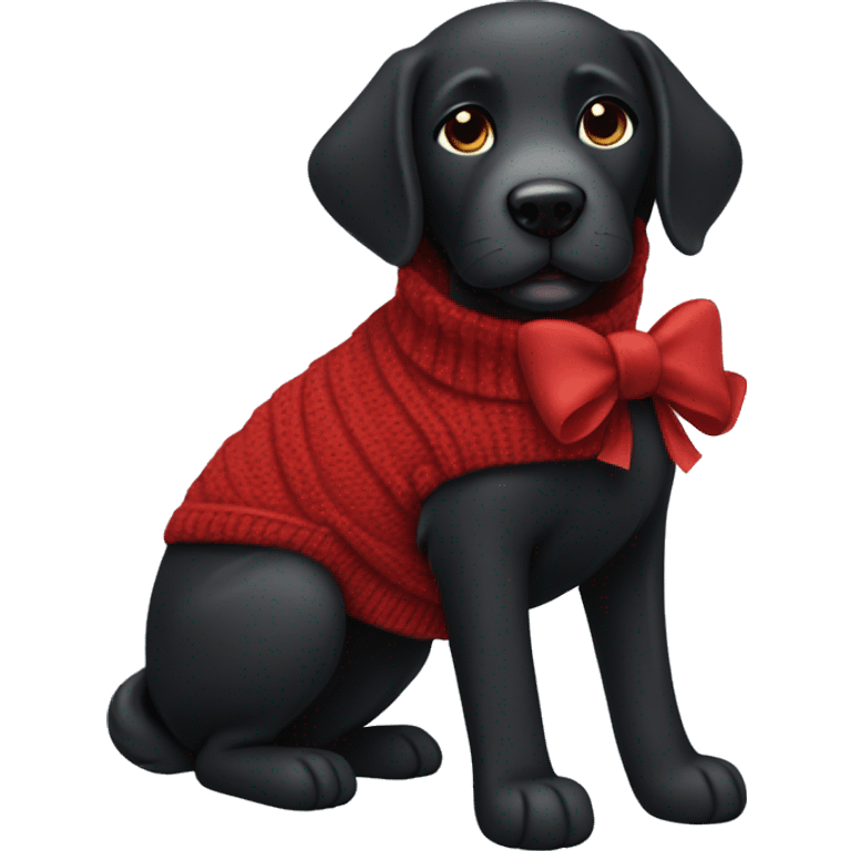 Black labrador with a long curly fur and curly ears in a red sweater and bow emoji