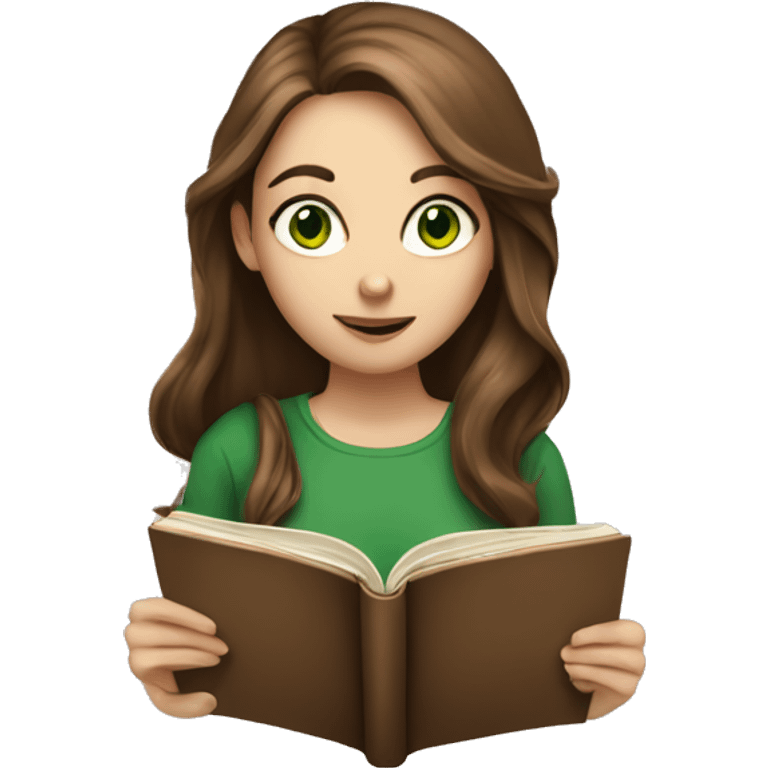 A girl with green eyes, long brown hair and fair skin reading book emoji