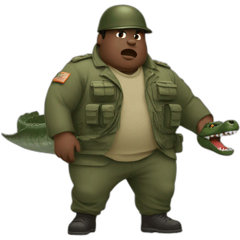 a fat black man dressed in military attire fighting with a crocodile emoji