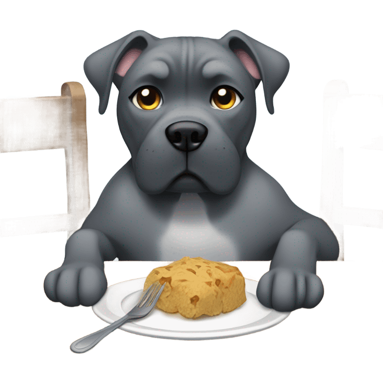 A blue-colored Cane Corso eating at a table with fork and spoon. emoji