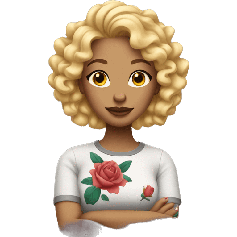 Woman with curly blonde hair with tattoos and looks like a cool mom emoji