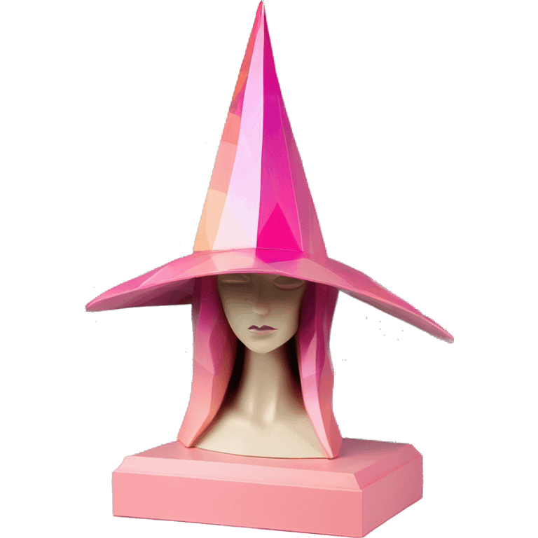 standalone sculpture witch hat is geometric, faceted design, on a hat display. The sculpture is angular and Alphonse Mucha style. The vibrant midtone tints of pastels and pink highlights the sharp edges and planes.  emoji