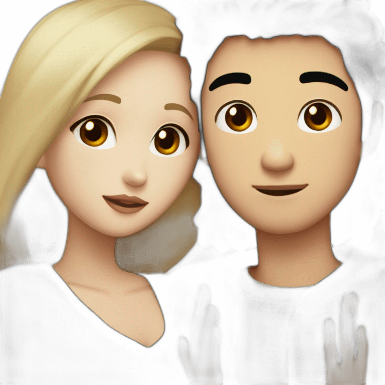 Blonde girl with brown eyes in black sweater and asian man with black hair and white skin hugging emoji