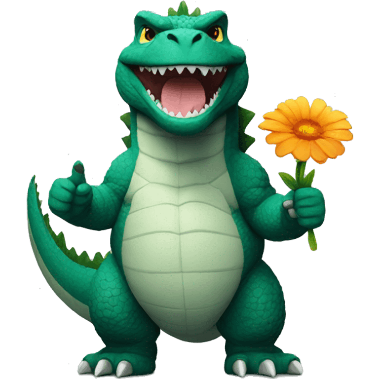 godzilla holding flower and thumbs up emoji