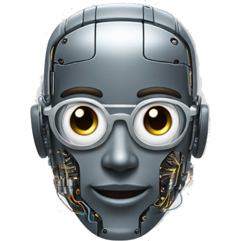 Robotic Cyborg head with fair skin, flat top haircut, rectangular glasses, circuits and smiling  emoji