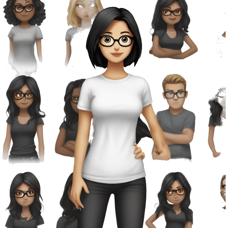 1 -Anime+Bella+Goth-Woman-dark-hair-with-glasses-white-tshirt+perfectly-centered emoji