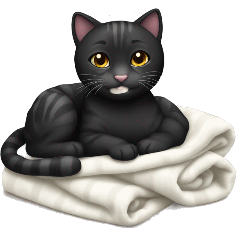 Black tiger cat with white mouth, white neck, with a cozy blanket emoji