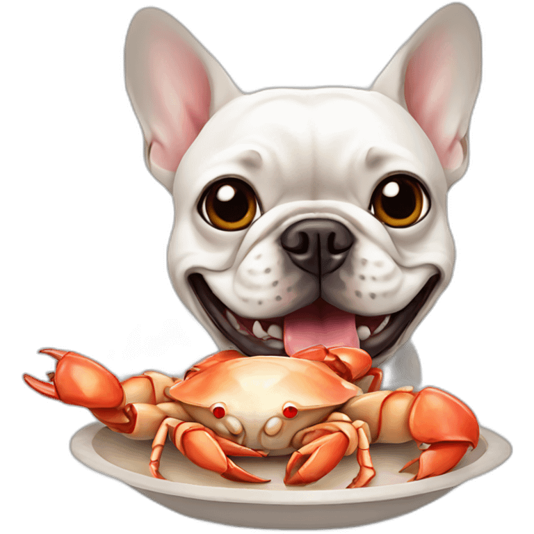 white FRENCH BULLDOg eating crab emoji