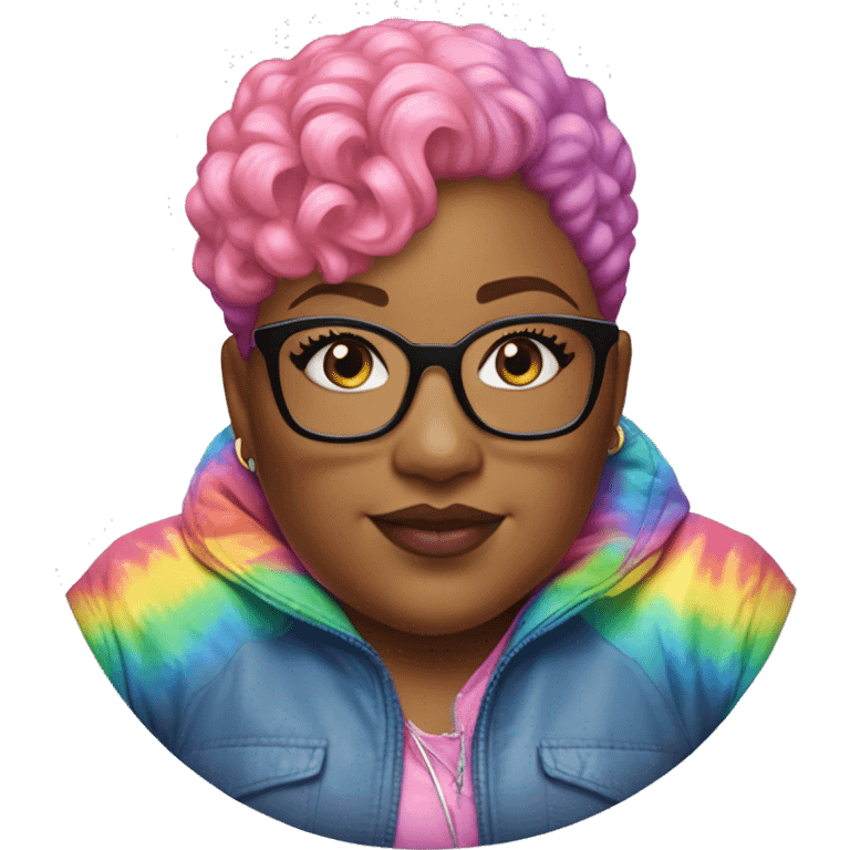 Plus size black woman with pink curly pixie cut hair and a rainbow tie dye bubble jacket  emoji