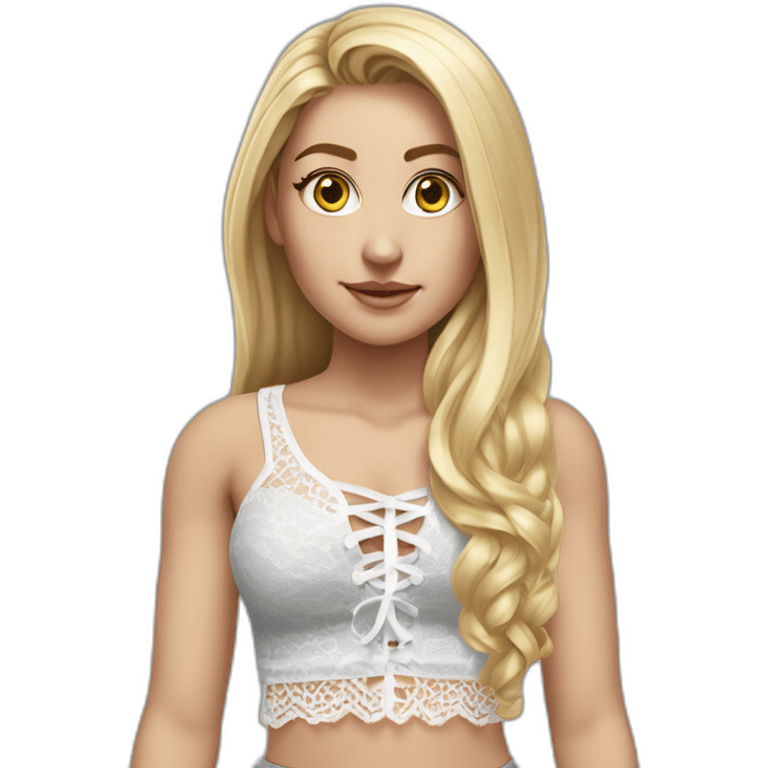 hyperrealistic caucasian female, long straight blonde hair, white lace up crop top, grey mini tight skirt, body view emoji