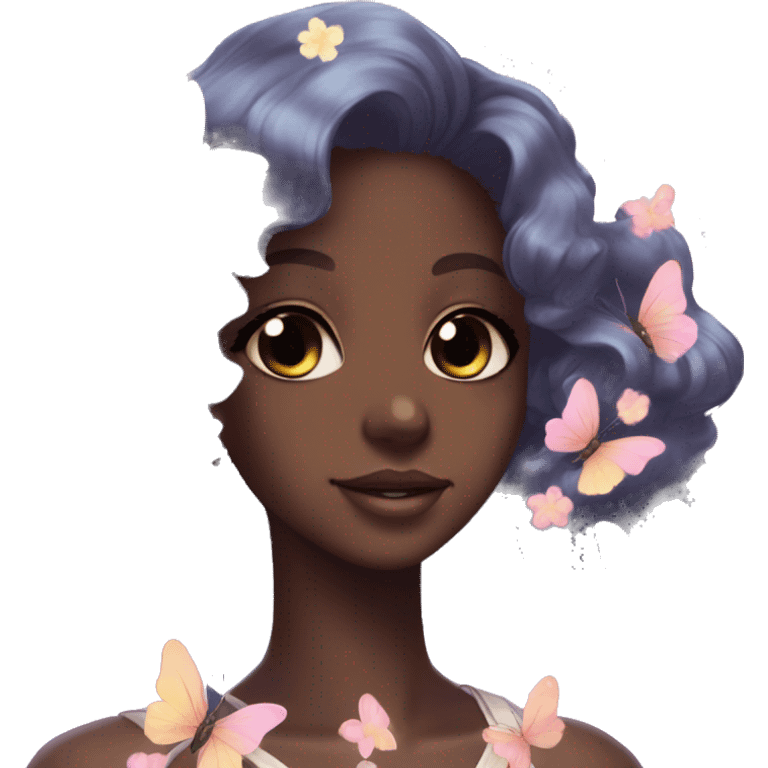 Gorgeous Shiny Pastel Anime-Style dark skin Lady Butterflies flower petals kawaii aesthetic trending style emoji