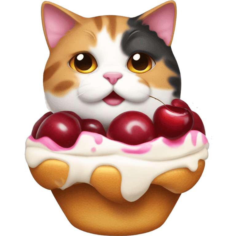 Fat calico cat with cherry sundae emoji