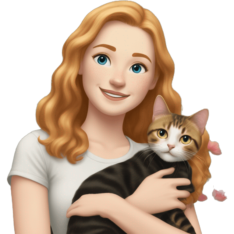 Females, Strawberry blonde shoulder length hair, 25 year old, blue eyes, lightly freckled, smiling at the camera while holding a brown, black, and white tabby cat in her arms, standing outside with a garden and trees in the background  emoji