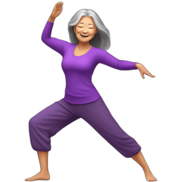 Long hair Asian senior woman in sexy purple yoga cloth dancing Zumba emoji