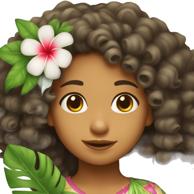 A cute mixed race island girl with curly hair and a hawaian flower in her hair  emoji