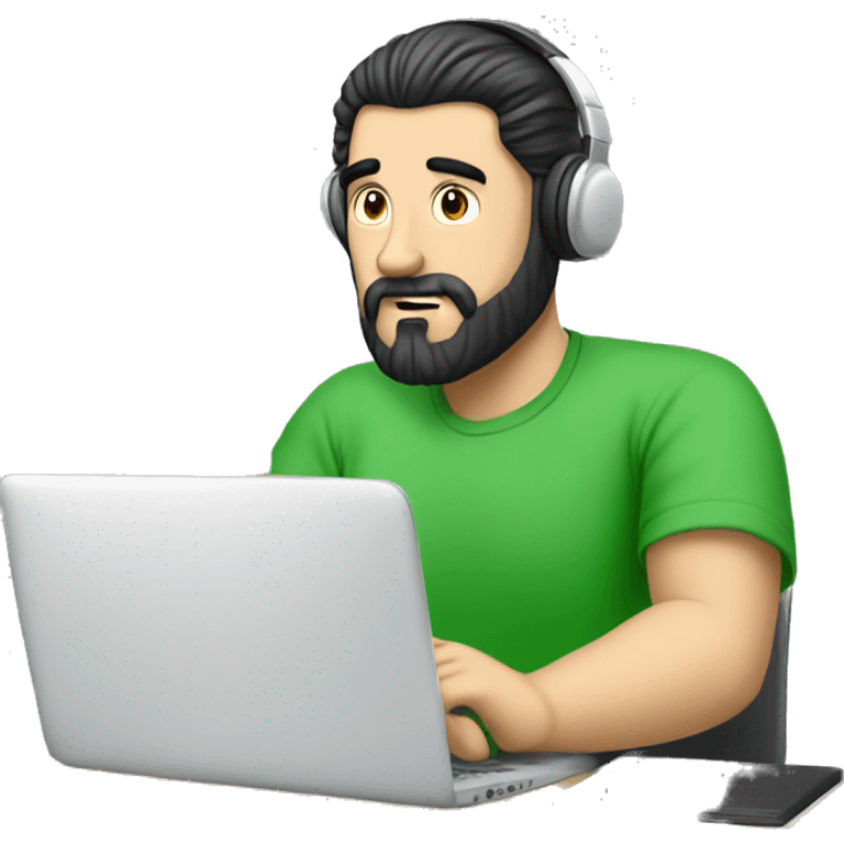 white guy with black hair thin face with beard typing in laptop wearing green t-shirt working in call center emoji