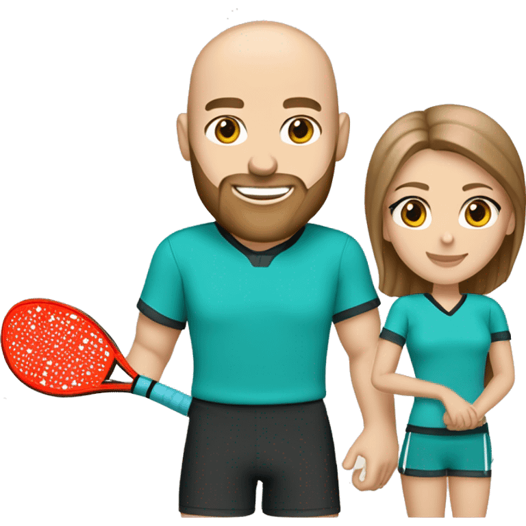 beautiful couple. woman, straight light brown hair, aqua eyes.  male, handsome, bald, beard, aqua eyes. Pickleball clothes  emoji