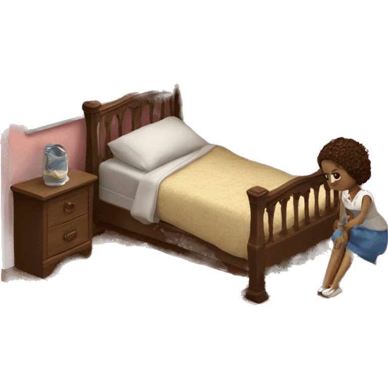 A broken-down dollhouse with a doll sitting inside,  emoji