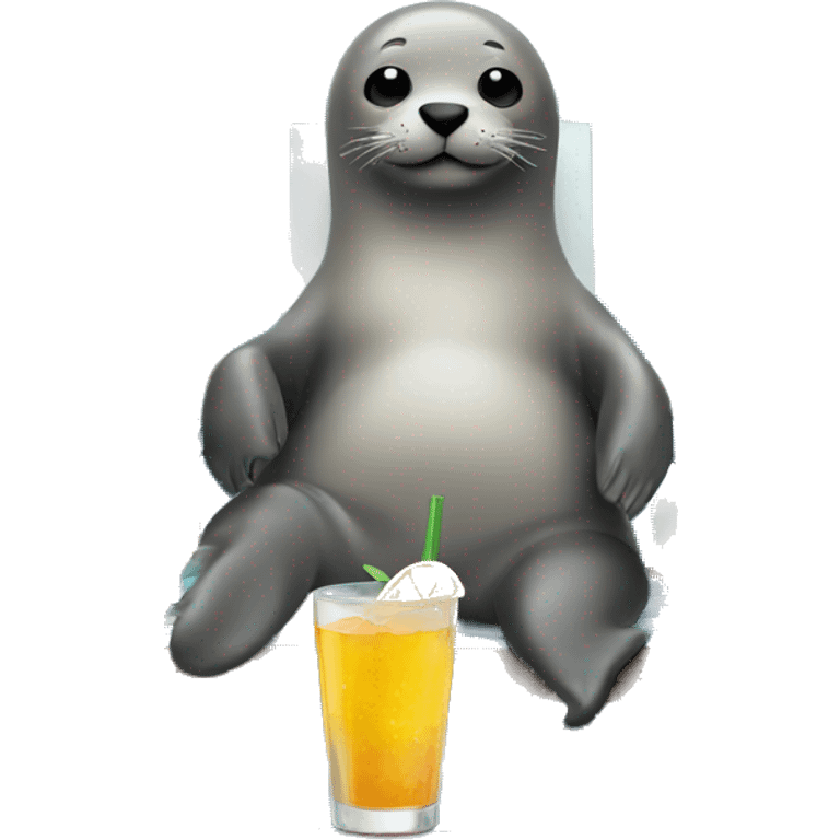 a seal on a deck chair with a drink in his hand at the beach emoji